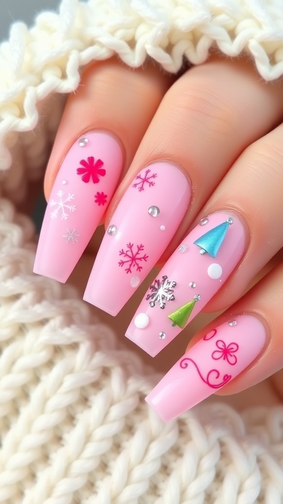 Elegant Pink Christmas Coffin Nails Close-up of pink coffin nails with Christmas designs, featuring snowflakes and trees.